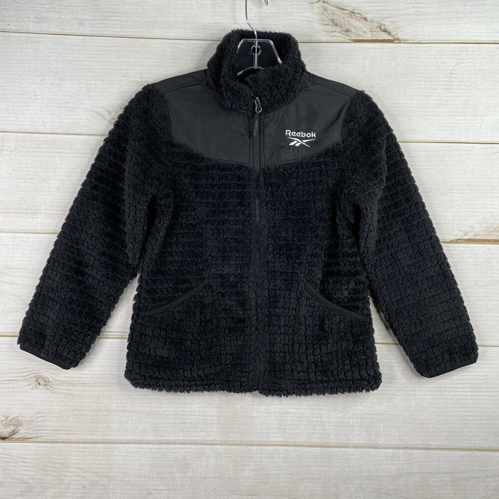 Reebok Fleece Jacket Youth Girls Size Small (7-8) Black Pockets Mock Neck
